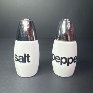 Gemco Vintage White Ceramic Salt Pepper Shakers Chrome Tops Mid Century Modern